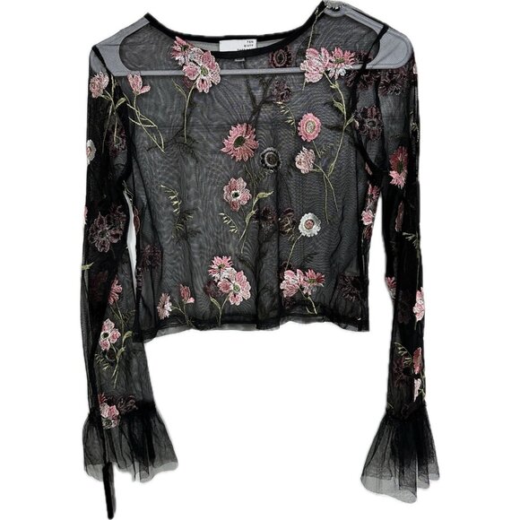 Ten Sixty Black Floral Mesh Top Sheer Blouse XS - Picture 4 of 10